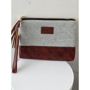 Funky Monkey Herringbone and Faux Leather Wristlet Clutch Bag Grey Cognac Tassel